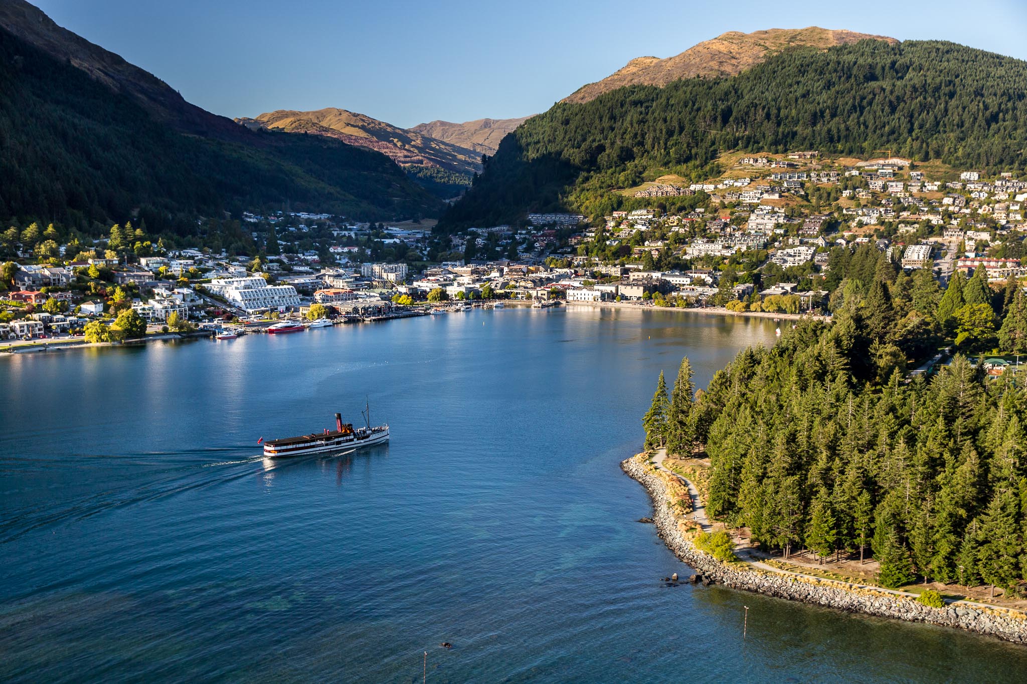 TSS Earnslaw Vintage Steamship cruising into Queenstown Bay