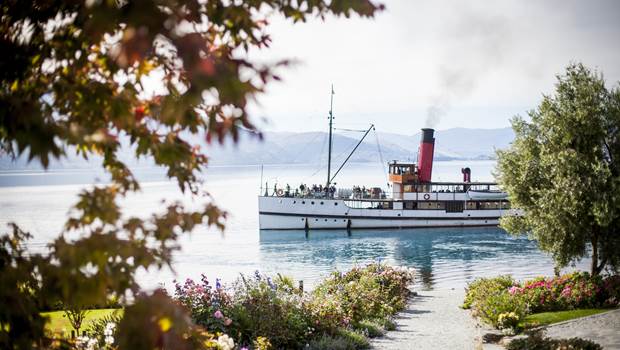 Vintage Steamship, TSS Earnslaw, from the gardens at Walter Peak High Country Farm