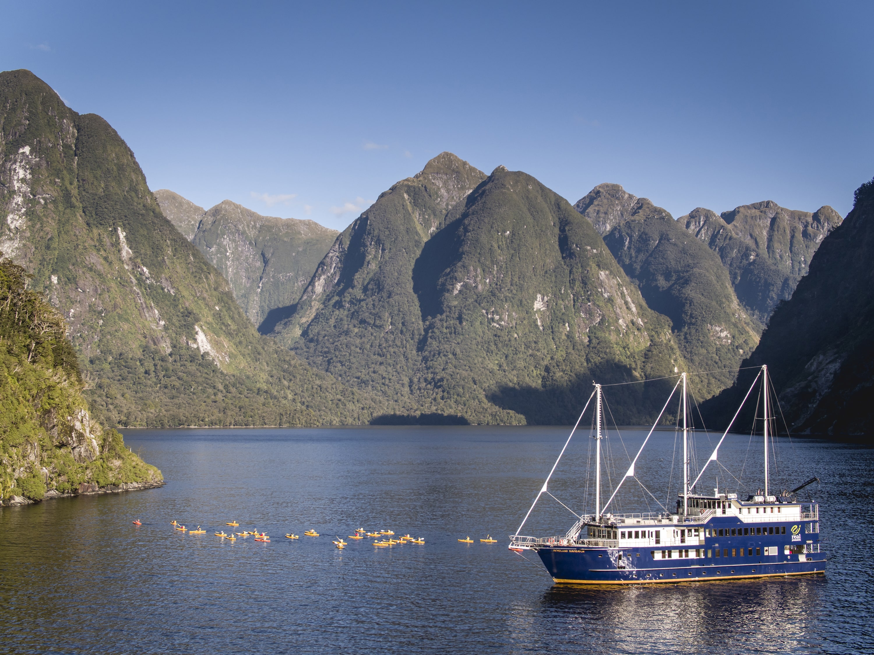 The Fiordland Navigator moored for kayaking in Doubtful Sound