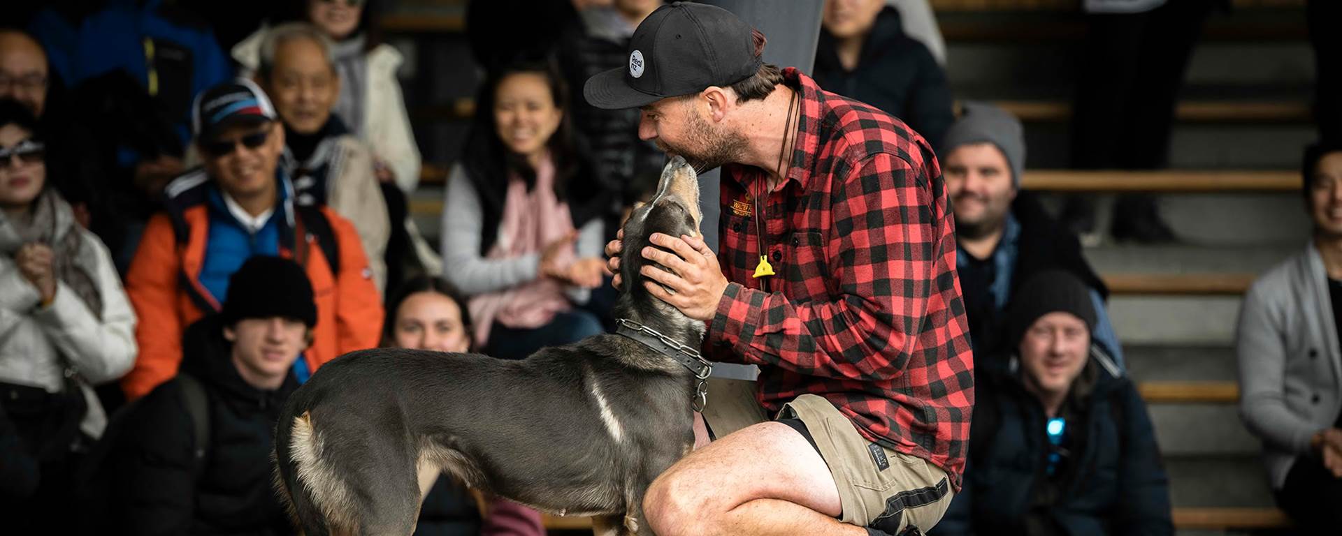 A realnz team member pats his sheepdog in front of crowd